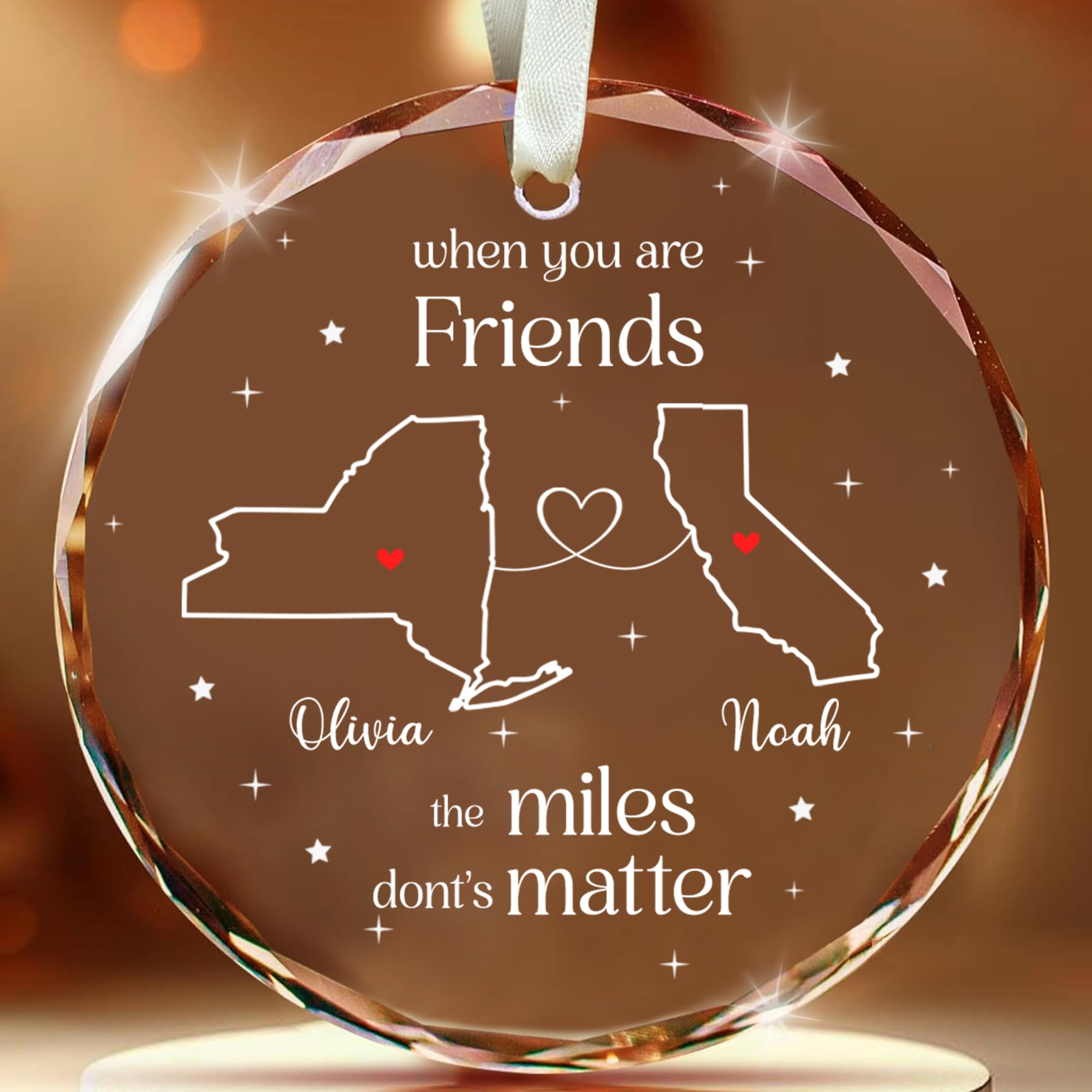 Fastpeace Personalized Long Distance Friendship Christmas Ornament – Custom State Map Gift for Best Friends, Sisters, Coworkers – The Miles Don’t Matter Quote – Keepsake Ornament with Names — image 1