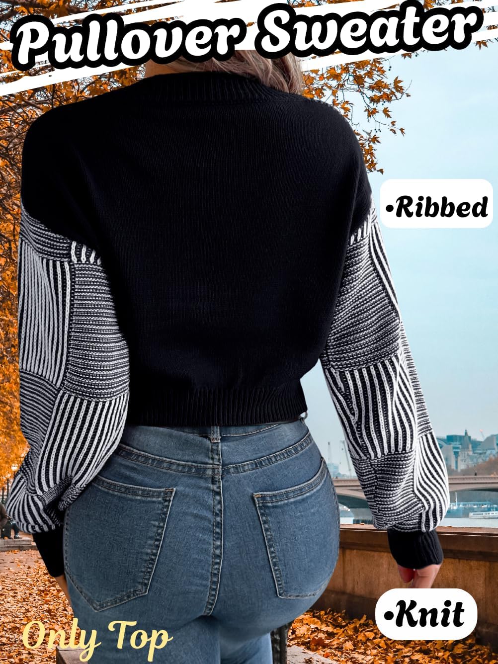 Womens Sexy V Neck Striped Cropped Sweater, Knit Lightweight Long Sleeve Crop Top, Date Outfits Fall Causal Going Out - Image 4