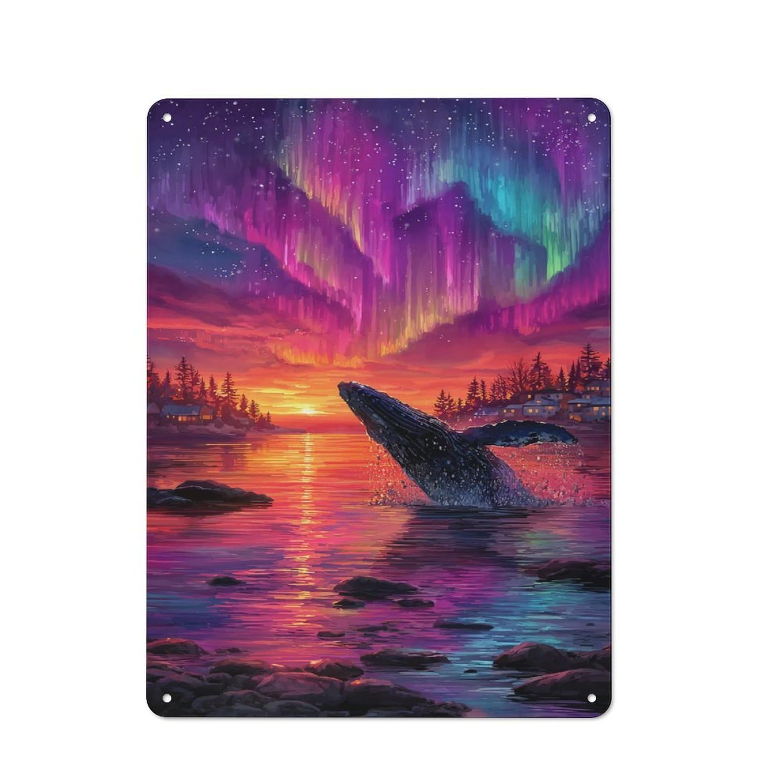 Junmoney Whale Breaching Under Aurora Borealis Vintage Tin Sign 40X30cm, Old Fashioned Nostalgic Wall Art For Bedroom, Office, Home Bar Or Dining Room