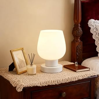Touch Table Lamp with 3 Way Dimmable for Bedroom Nightlight Living Room, Modern Desk Lamp with LED Bulb, White Opal Glass Lamp Shade, Metal Base