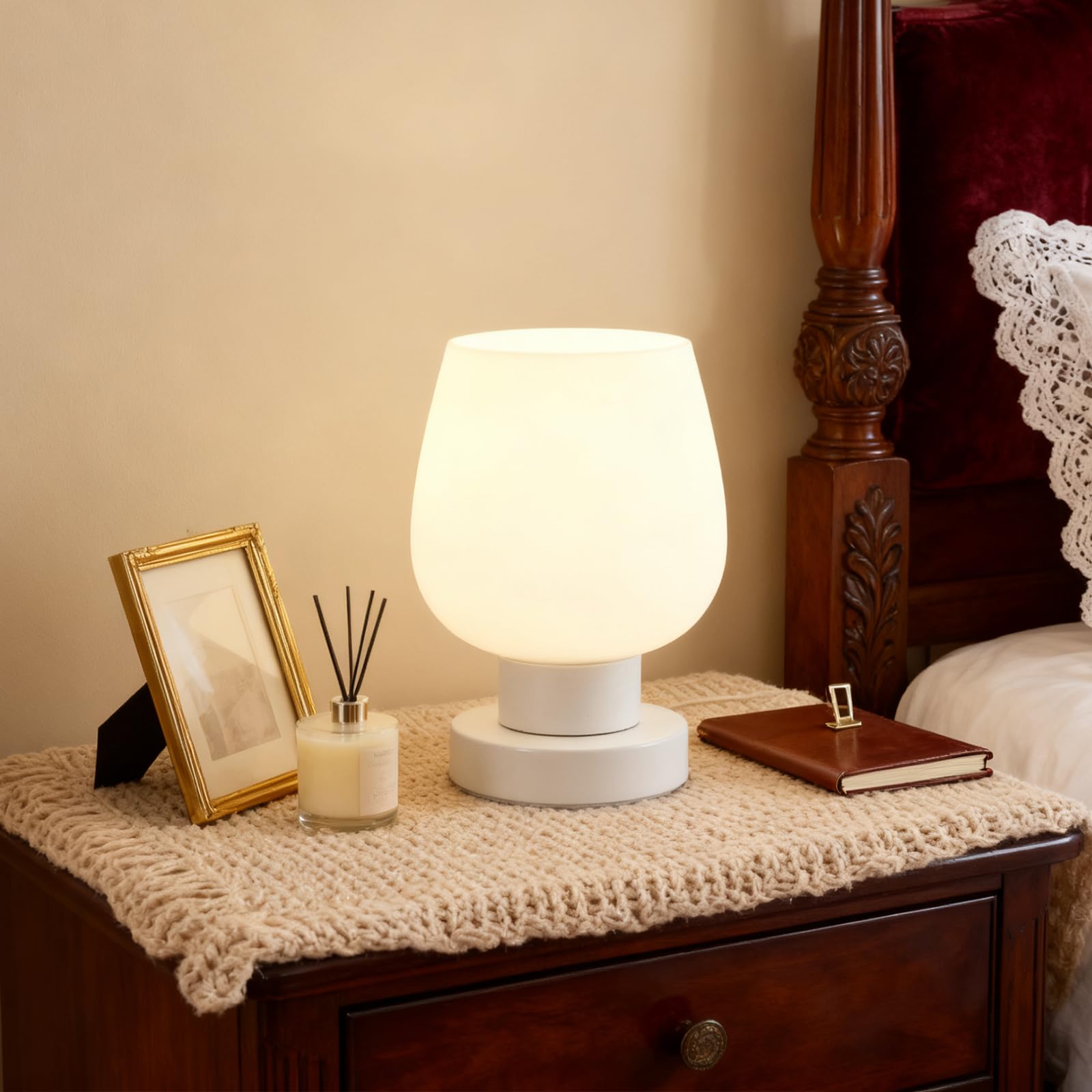 View 1 of OuXean Touch Table Lamp with 3 Way Dimmable for Bedroom Nightlight Living Room, Modern Desk Lamp with LED Bulb, White Opal Glass Lamp Shade, Metal Base