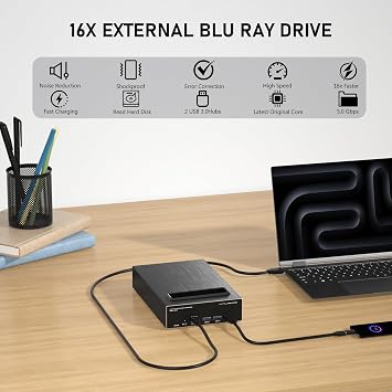 4 in 1 External Blu-ray Drive with 16x Writing Speed, USB 3.0 and Type-C External Bluray Drive for Both Mac/PC, Powerful Desktop Burner DVD Burner Optical Drive Fast Charger HDD Enclosure USB