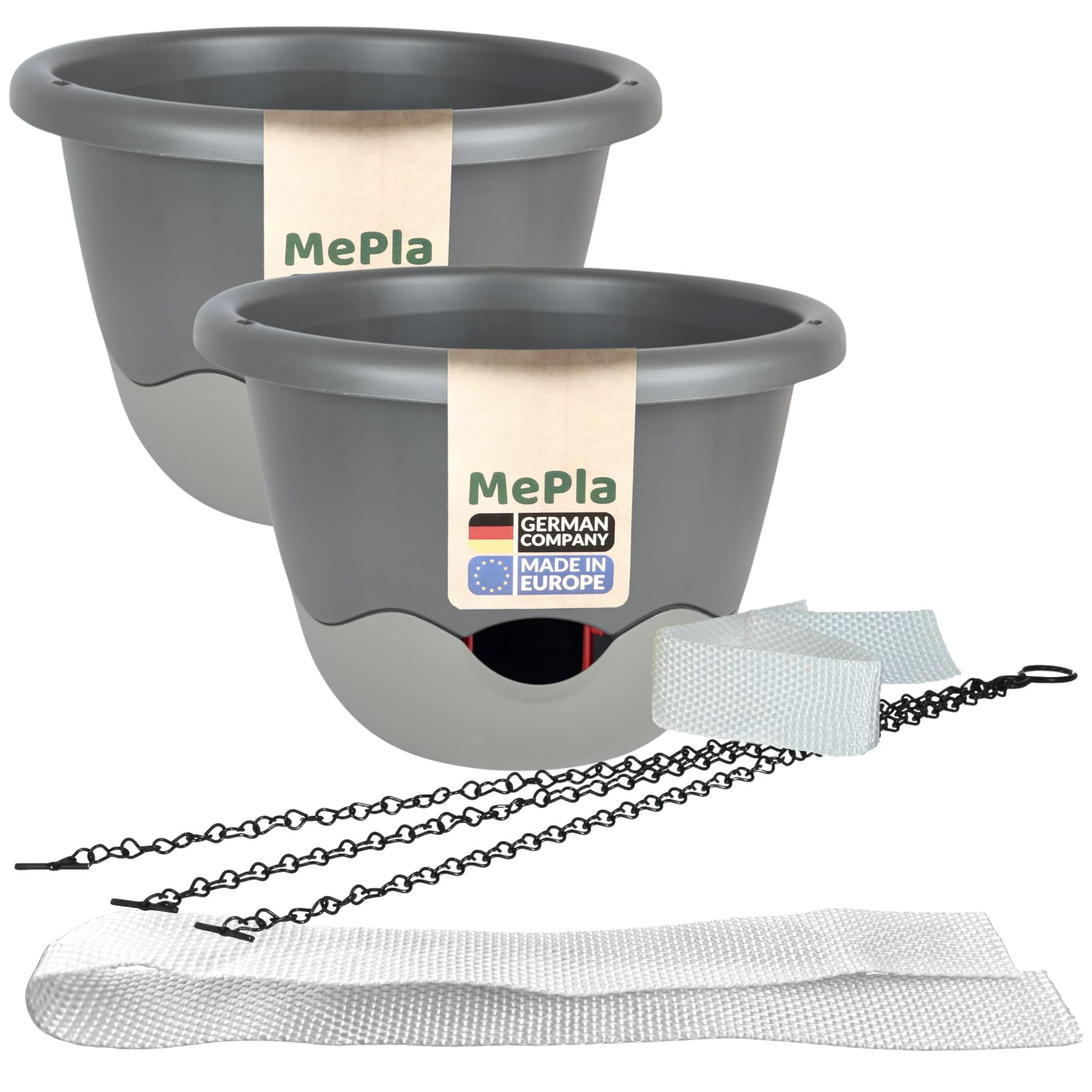 MePla - Lot de 2 pots de fleurs Mareta ø25 cm anthracite/gris + 1 bande d'irrigation de rechange de 62 cm – Jardinière suspendue auto-arrosante avec réservoir d'eau – Résistant aux UV et aux