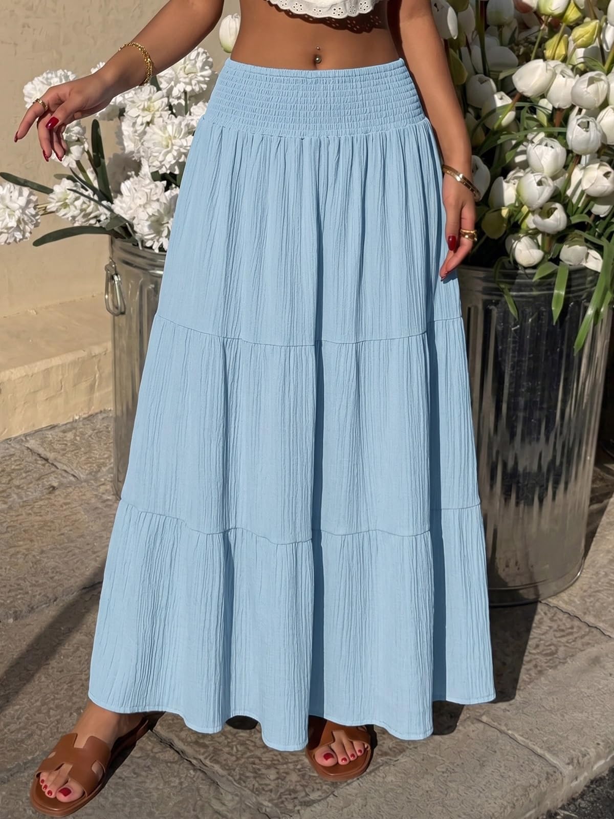 Gonna Lunga Maxi da Donna,Gonna A Trapezio Elastico in Vita Alta | Gonna A Balze Plissettata A Strati, Abbigliamento Casual Festival, Spiaggia E Vacanze