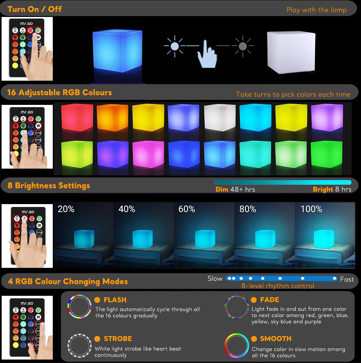 Mr.Go Luce notturna a LED da 15,2 cm, cubo luminoso per bambini, con telecomando, 16 colori RGB, luminosità dimmerabile, 4 modalità di cambio colore, ricaricabile tramite USB, lampada da comodino per