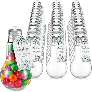 Tessco 48 Sets 100 ml Plastic Light Bulb Jars Clear Candy Containers for Party Favors with Labels and Strings Fillable Lightbulb Jar Ornaments for Wedding Party Drink DIY Crafts, Silver