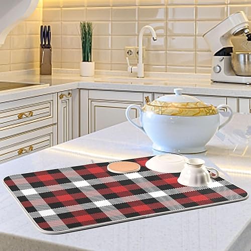 Miniatura 6 de Tapete de secado de platos a cuadros escoceses de búfalo de Navidad, tapete de secado de platos mediano para encimera de cocina, tapete absorbente