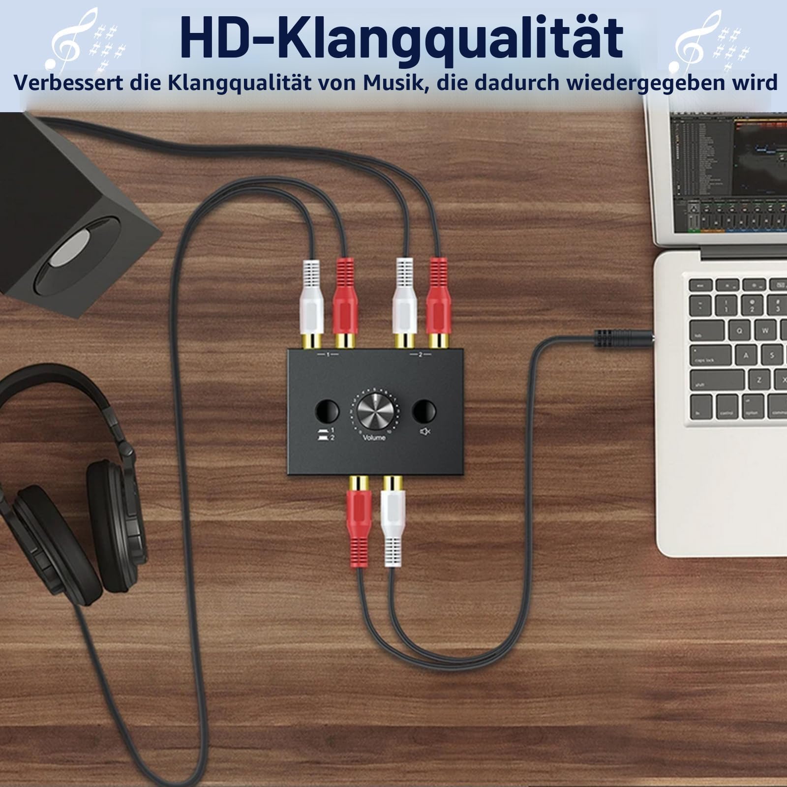 UNSTINCER RCA Cinch Audio Switch 2(1)-In-1(2)-Out, a/b Analog Stereo Umschalter mit Lautstärkeregelung Stummschalttaste,Bidirektional Sound Selector Schalter für Phono Kopfhörer Lautsprecher