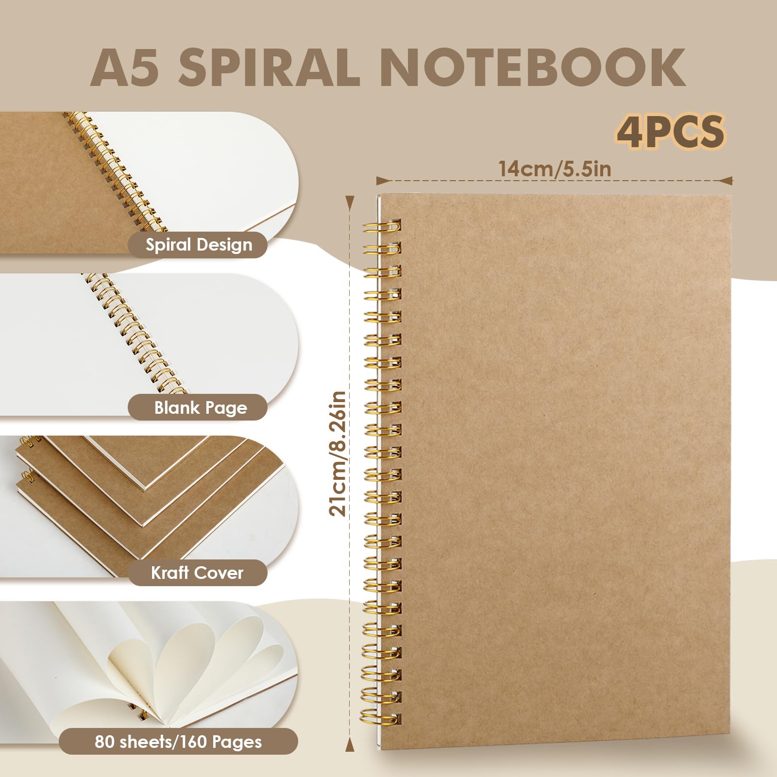 Yarotm Notitieboek A5 Geruit - 8 stuks 100 g/m² Notitieblok Kraft