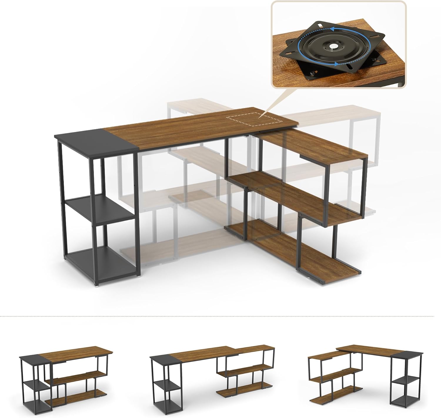 Diagram illustrating the 360-degree rotation feature of the desk's shelf unit.