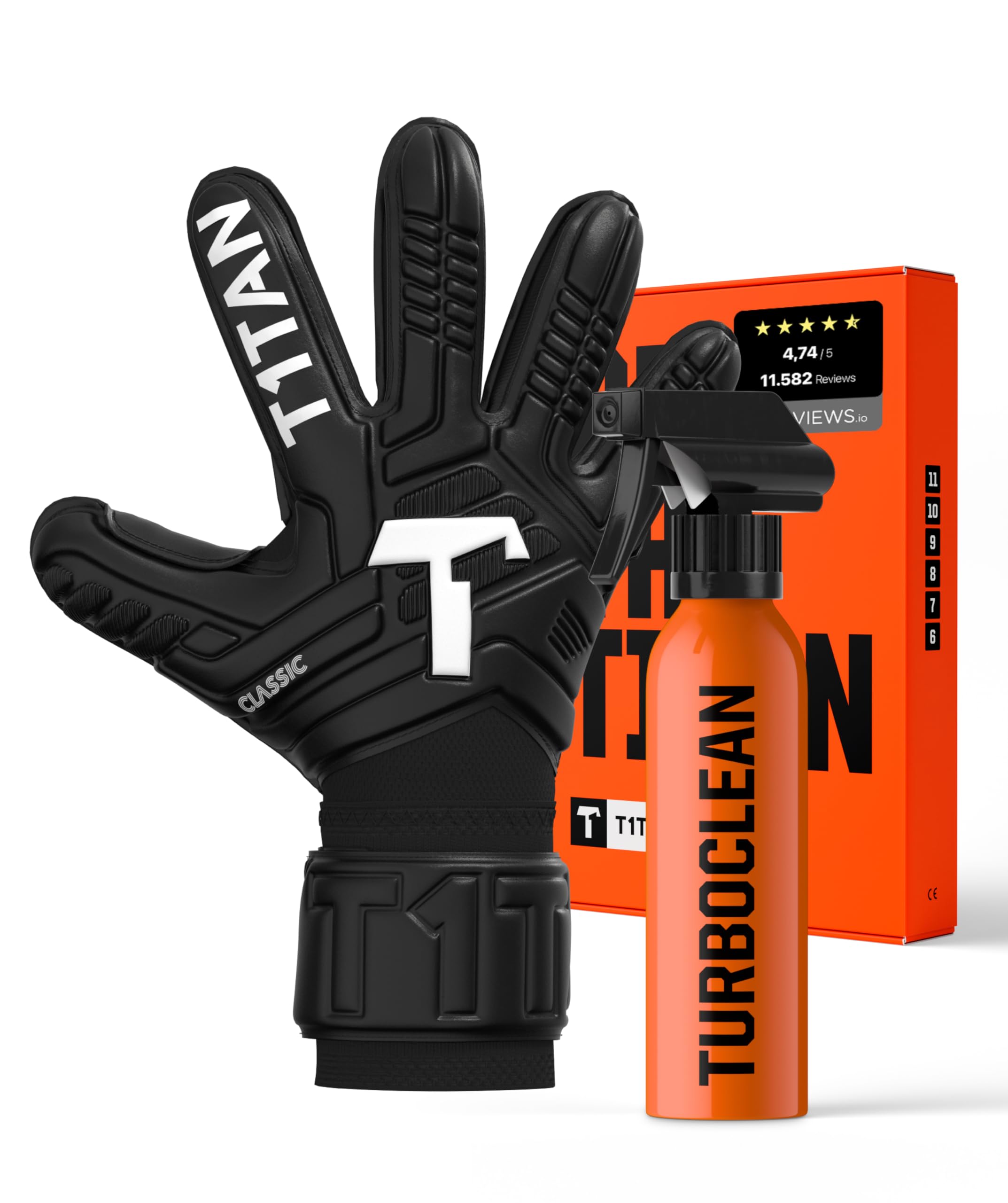 T1TAN Classic 1.0 Black-Out (FP) + Turbogrip - Goalkeeper Gloves and Glove Cleaner - with Finger Protection - Football Gloves for Goalkeepers - Size 11