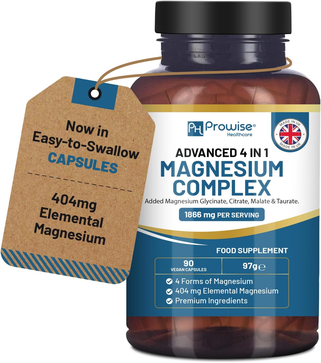 Magnesium Glycinate Complex 4 in 1-1866mg per Serving | Precise 404mg Elemental Magnesium dose | Added Magnesium Glycinate, Citrate, Malate & Taurate | 90 Vegan Capsules - by Prowise