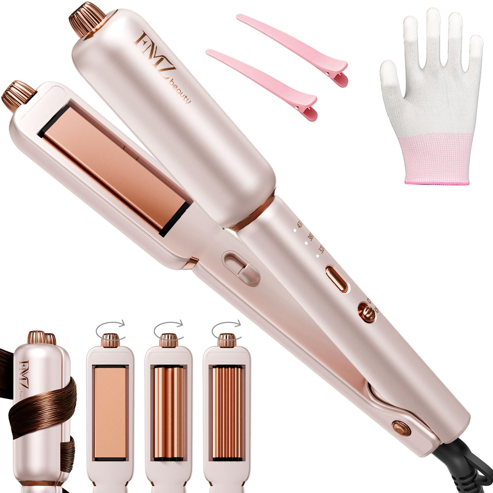 FMZ Rotating 4-in-1 Hair Straightener, Professional Titanium Ceramic Dual Voltage Ionic Flat Iron, 0.85 Inch Mini Travel Size, 10s Fast Heating for Straightening, Curling, Volumizing, Root Lift, Pink