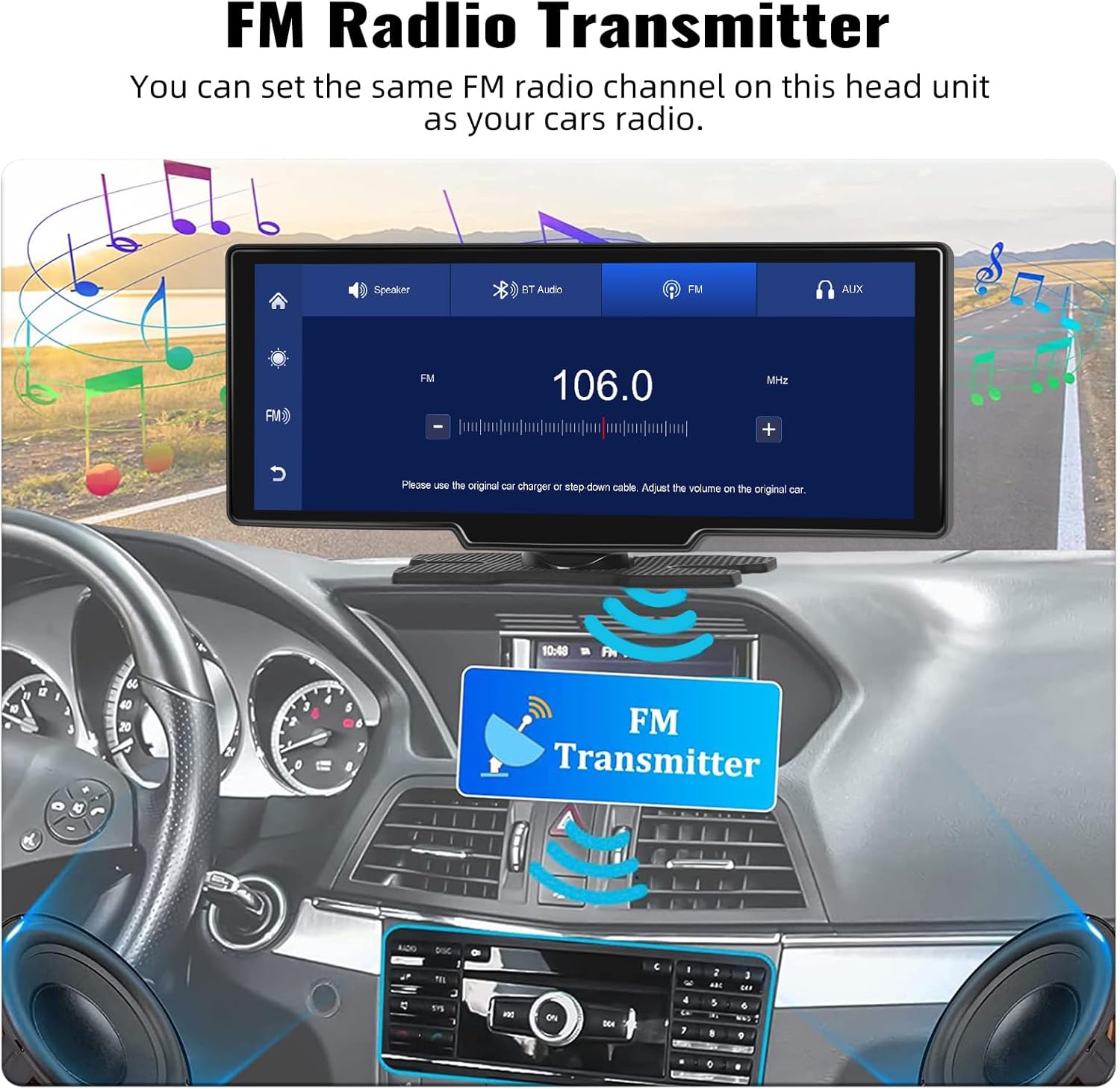 Image showing the FM transmitter interface on the CAMECHO screen, set to 106.0 MHz, with a visual representation of the signal being transmitted to the car's radio.