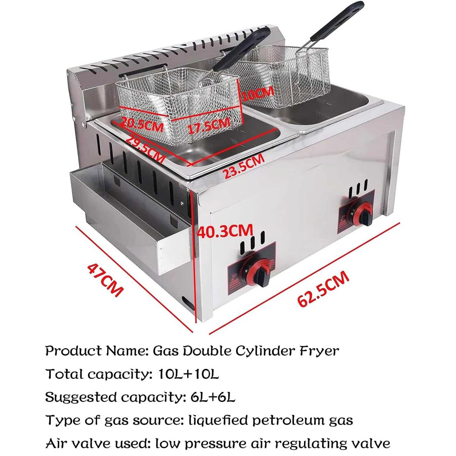 Qiang Friteuse à Gaz Double Cylindre en Acier Inoxydable Friteuse pour Poulet pour Restaurant Commercial Professionnel avec Paniers Et Couvercles pour Cuisine à Maison,20L
