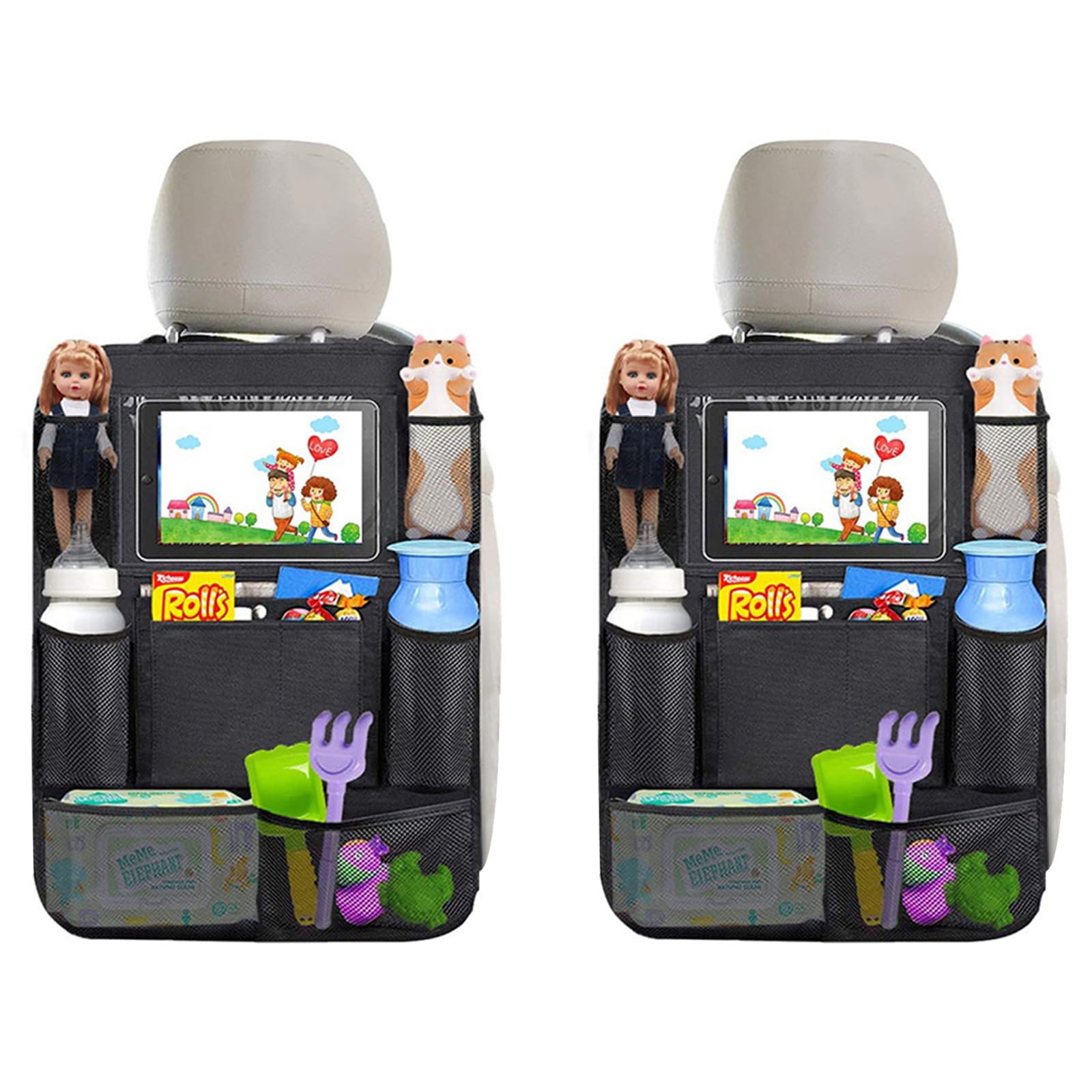 Car Seat Organiser, Kids Backseat Protector- Multi Pocket All Purpose Holder for iPad, Cooler bottles, Toys, Books, Tissues, and More. Ideal Car Seat Accessories Storage Solution. (Black, 2 Pack)