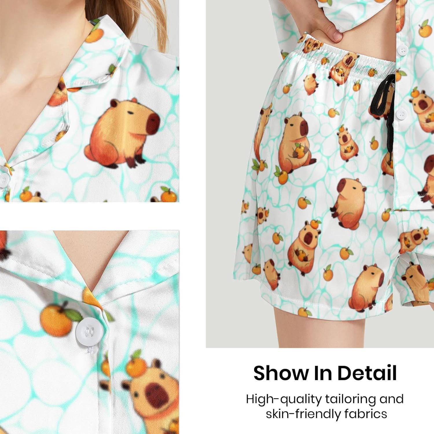 Funny Pajamas for Women Set Print Satin Loungewear Pjs Short Sleeve Button Down Top and Shorts Sets Sleepwear XS-3XL