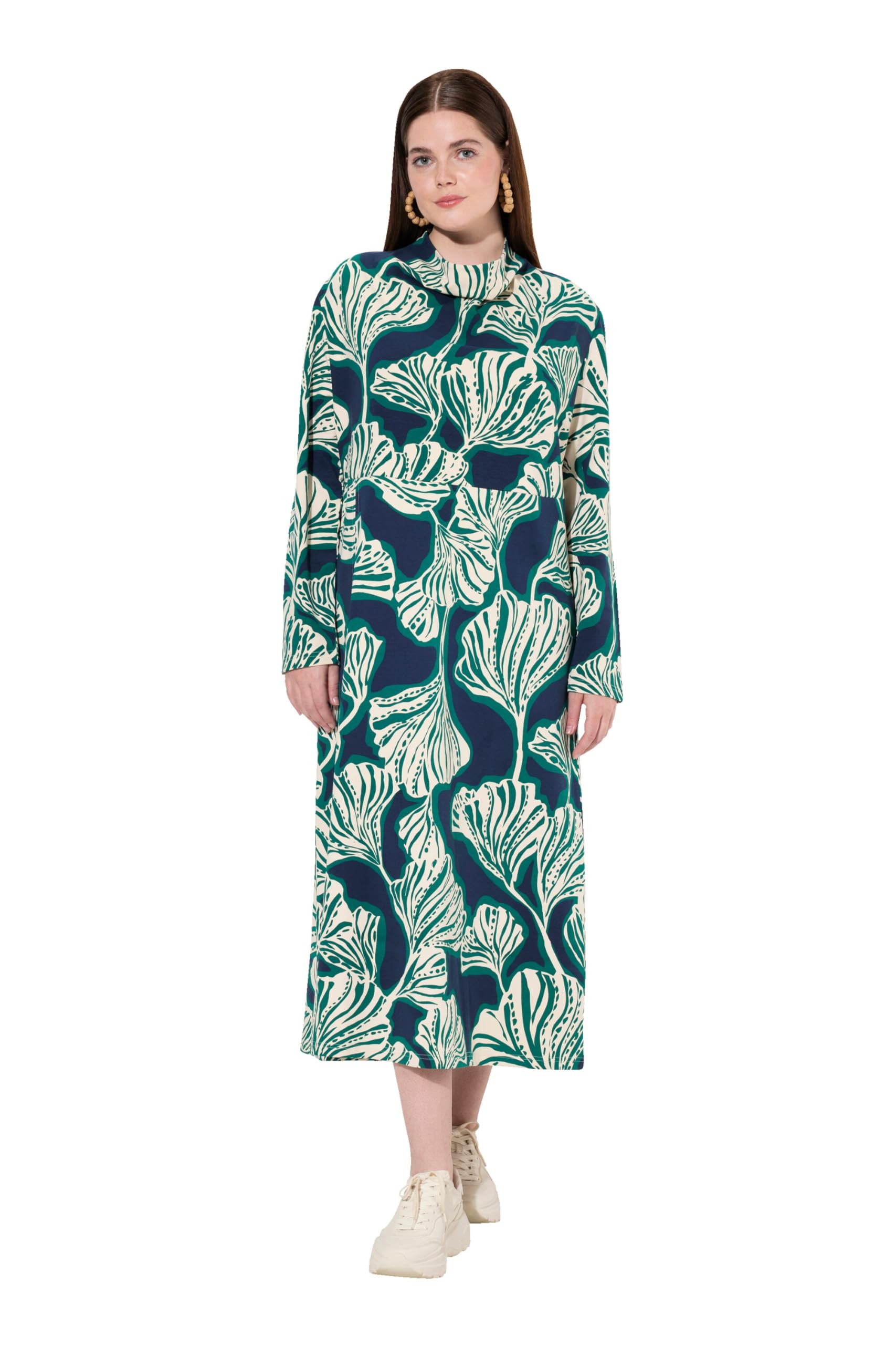 Ulla Popken Damen große Größen Übergrößen Plus Size Maxi-Sweatkleid, Blätter, Wasserfall-Ausschnitt, Langarm 832490