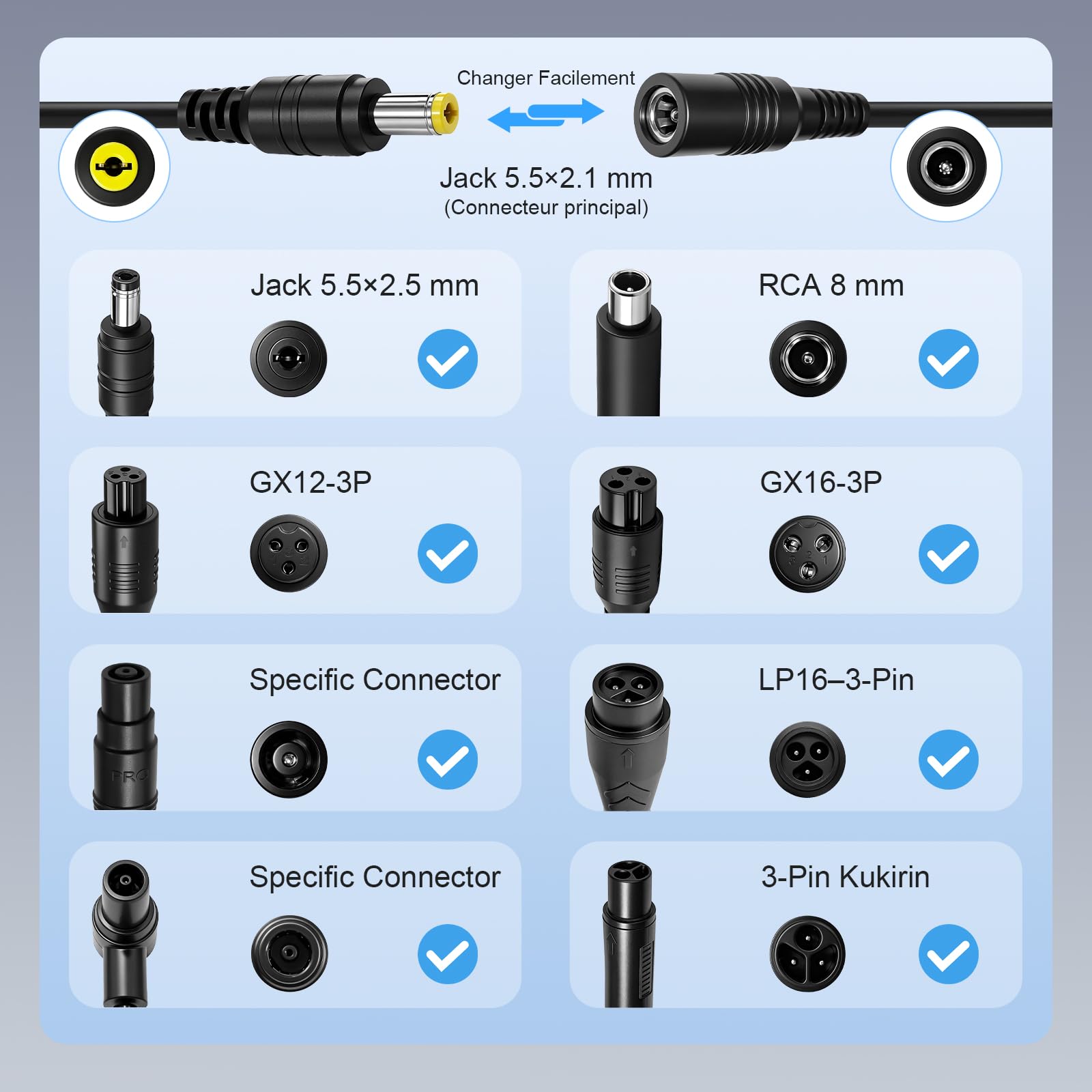Chargeur 54,6 V 2 A pour scooter électrique Kukirin G2 Pro/Kukirin G2 MAX, pour scooter électrique Xiaomi 4 Ultra/5 Pro, chargeur de batterie au lithium 48 V de rechange avec connecteurs