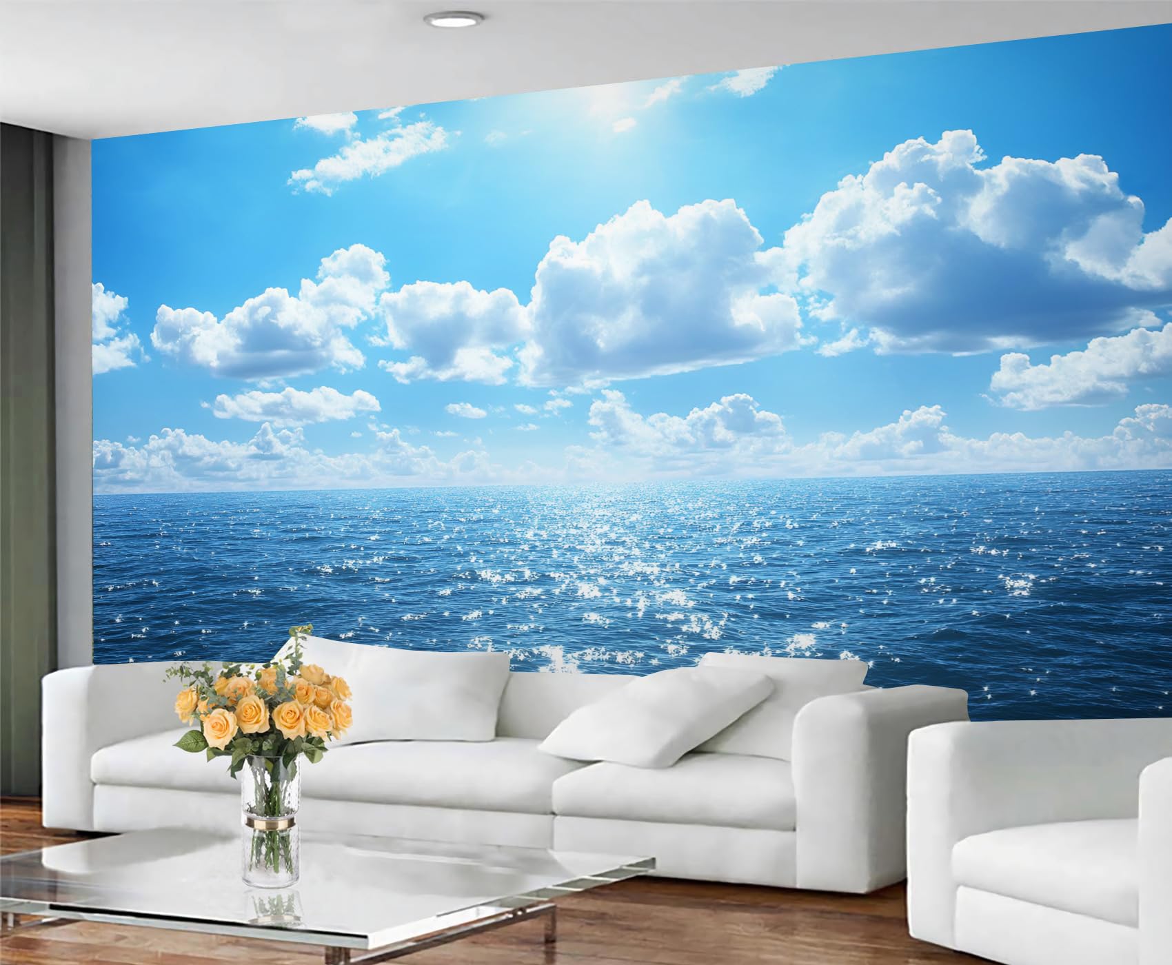 GIVLWF Cloud Wallpaper, Ocean Blue Sky Peel and Stick Wallpaper for Bedroom, Sea Clouds Wall Paper for Living Room, Sky Cloud Wall Mural, Landscape Large Mural & Room Decor