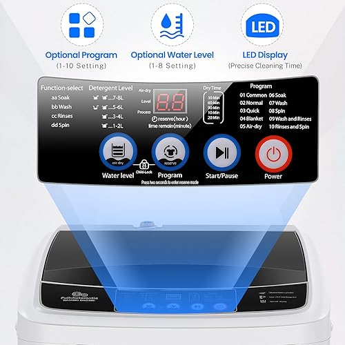 Miniatura 5 de Nictemaw Lavadora portátil de 17.8 libras, lavadora portátil completamente automática con 10 programas y 8 niveles de agua, lavadora compacta y