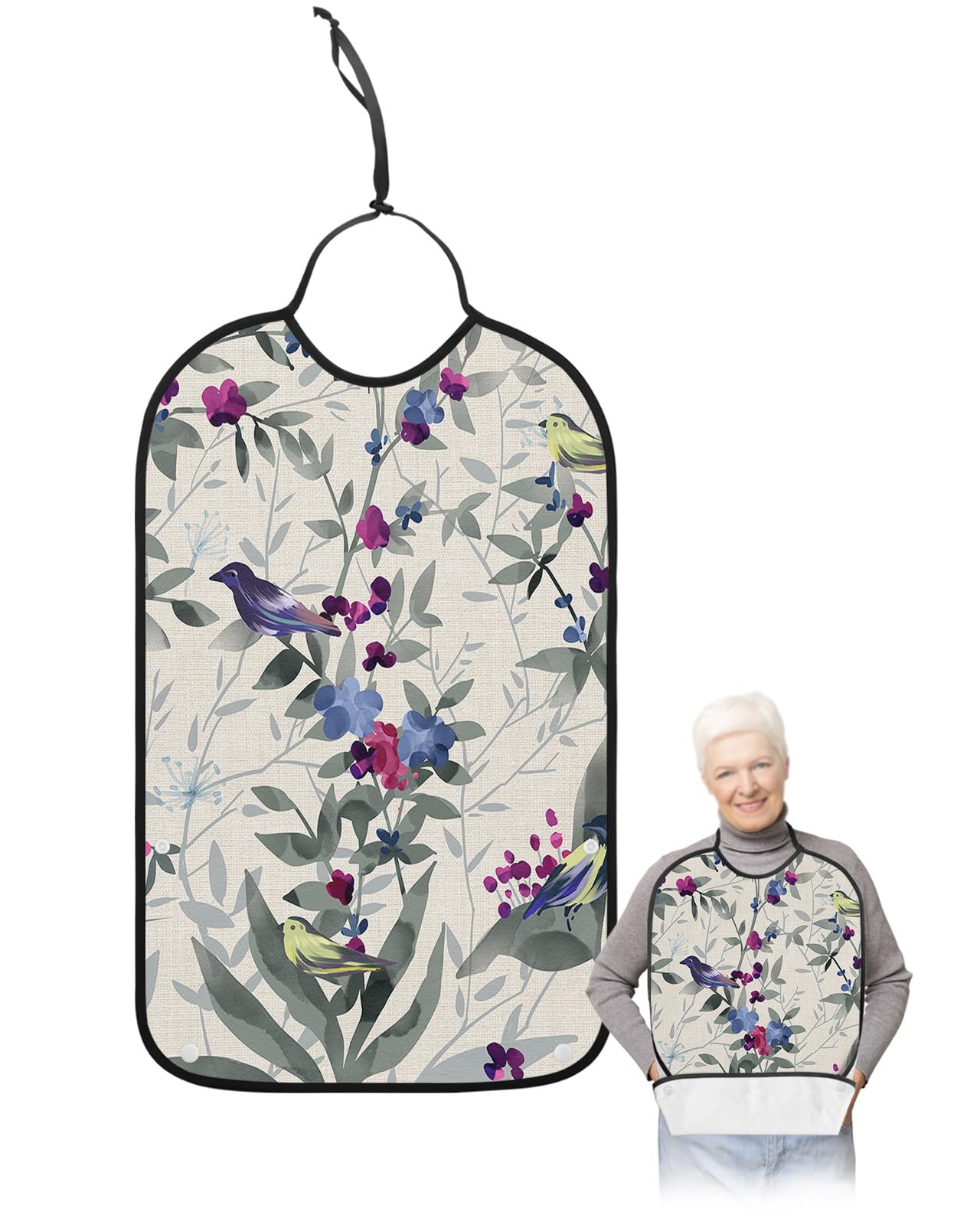 LEOKOTI Gray Botanical Adult Bibs for Eating, Waterproof Bibs with Food Catcher & Snap Closure, Rustic Spring Floral Summer Botanical Birds Washable Clothing Protectors Adult Bibs for Elderly