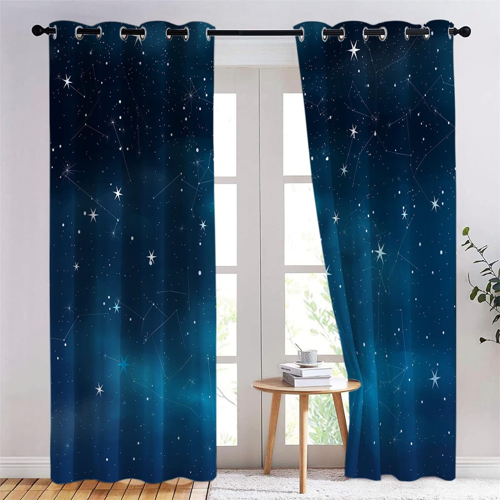 Lot de 2 rideaux occultants à isolation thermique avec œillets pour chambre à coucher et salon - Étoiles Et Constellations Rideau de fenêtre pour Enfants Chambre- Bleu Étoilé 220 x 215cm (l x P)
