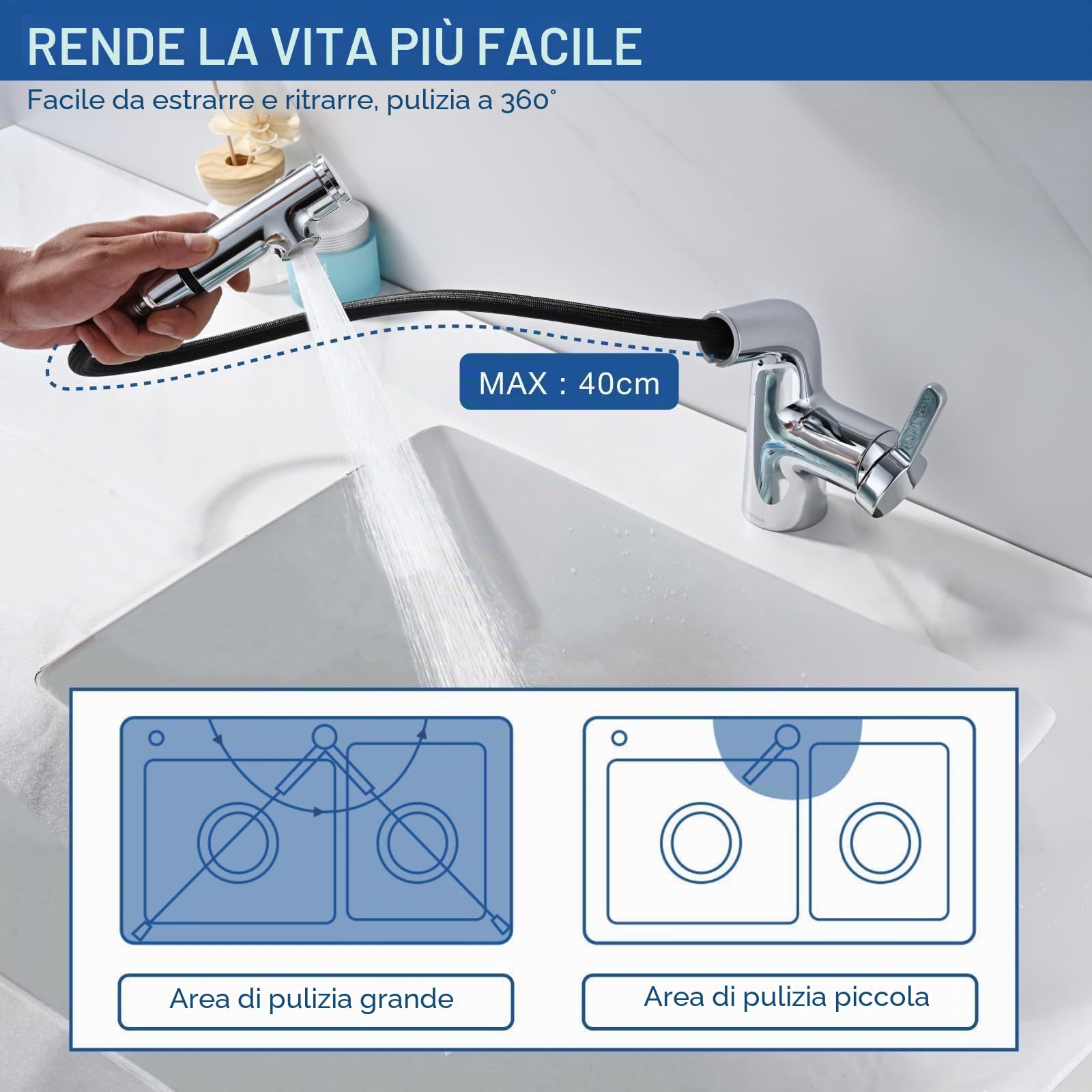 Rubinetto Bagno Lavabo con Doccetta Estraibile, Miscelatore Lavabo Bagno, Rubinetti Monocomando con 3 Modalità, Aeratore Rimovibile, Senza Piombo, Acqua Calda e Fredda, Moderno Cromato