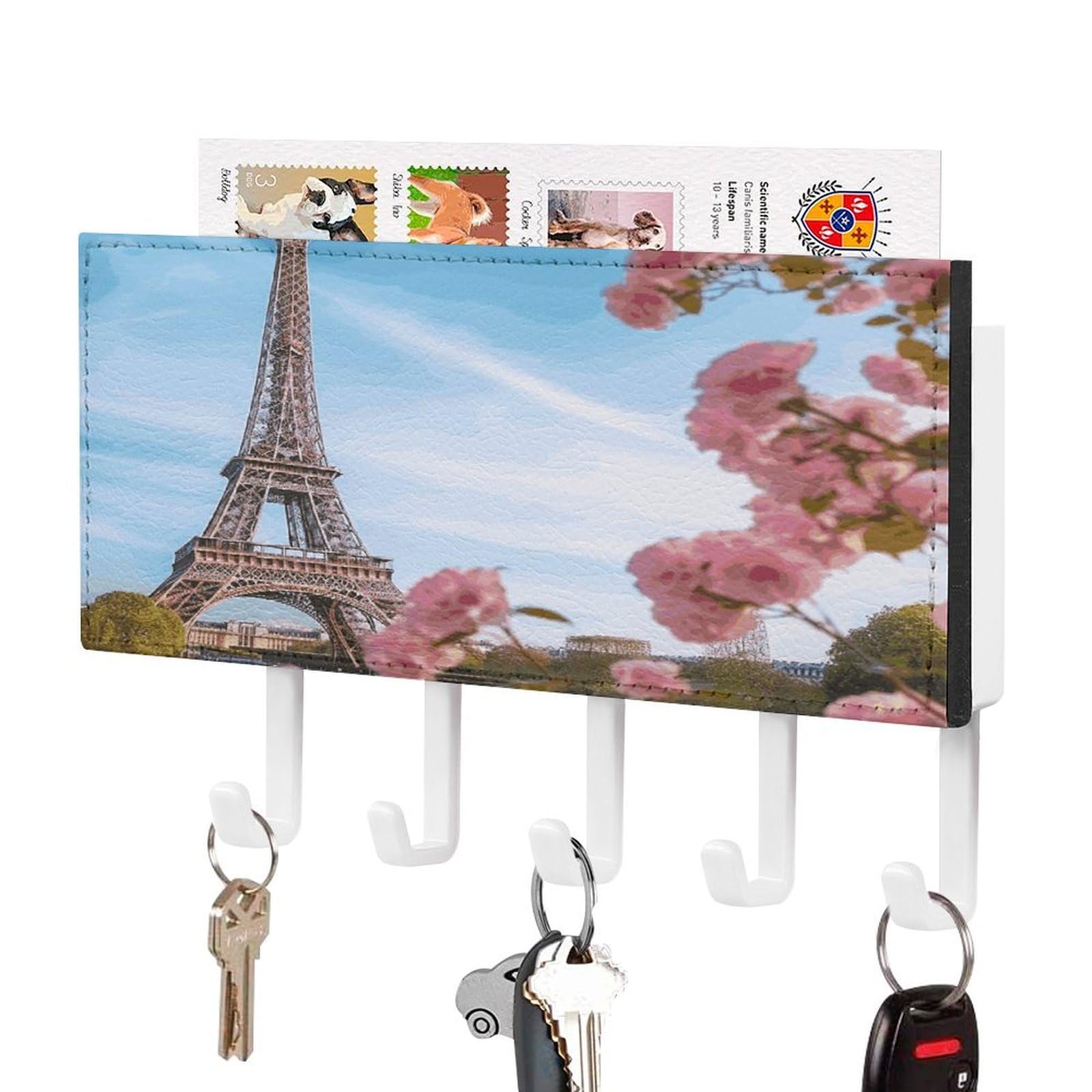 FekiLoot Paris Eiffel Tower with Flowers Key Holder for Wall Decorative Mail Organizer with 5 Key Hook Self Adhesive Key Rack with Tray Coat Rack Wall Mount Key Hanger Decor for Entryway Door