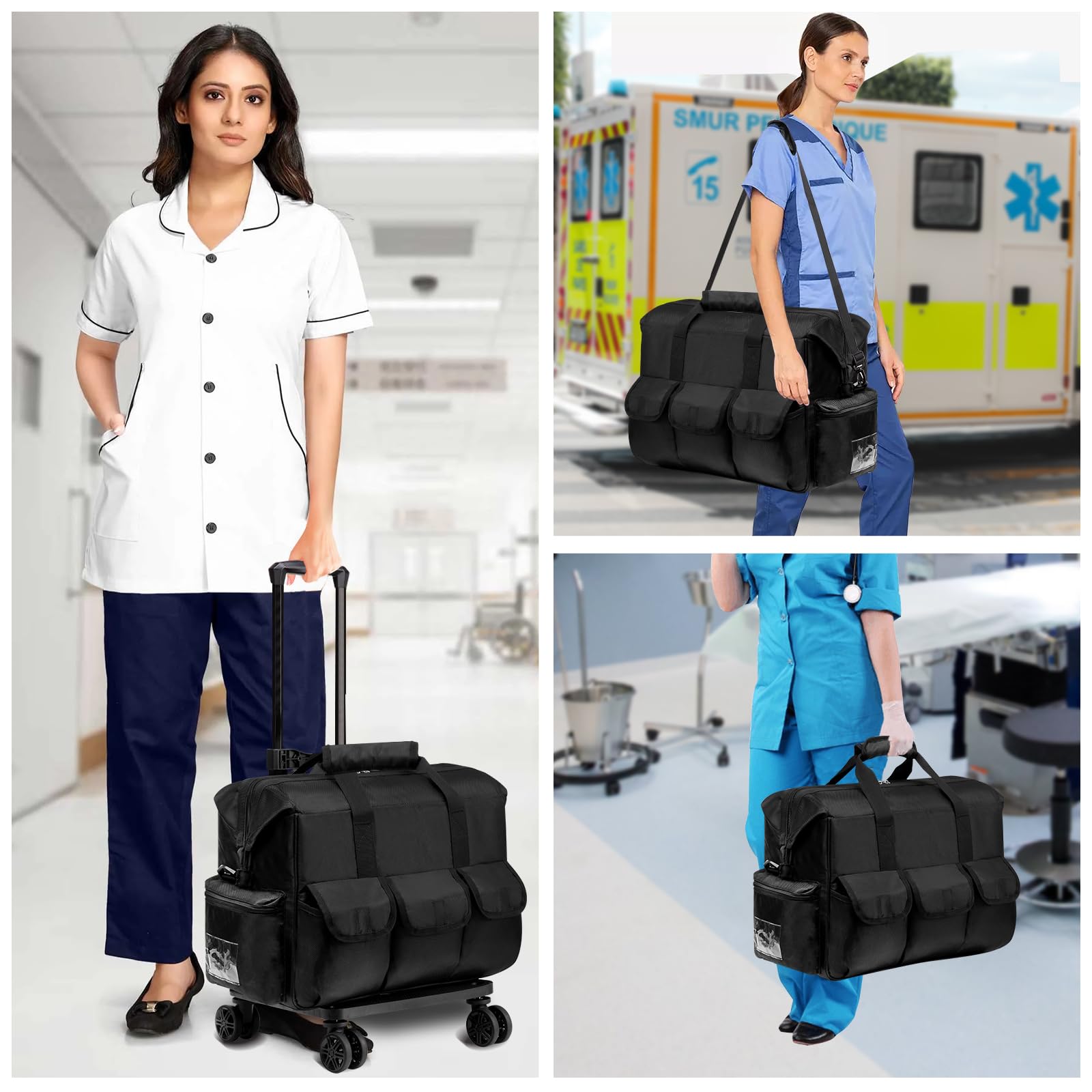 Bolsa de Lona médica con Ruedas para Enfermera, Trabajo, enfermería, clínica, Salud en el hogar, Regalo CNA Nr, Bolsa de Transporte para médicos, EMT EMS Healthcare, Negro -, 18.5 x 10.7 x 13 Inches