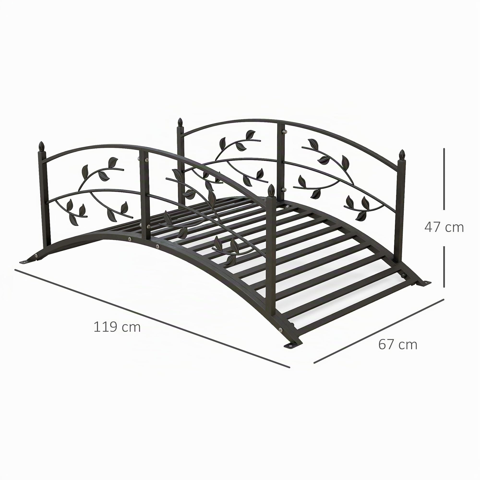 Outsunny Gartenbrücke – Beckenbrücke – Gartendekoration Maße: 119 x 67 x 47 cm (L x B x H) mit Geländer, Motiv Rebe, Stahl, Schwarz