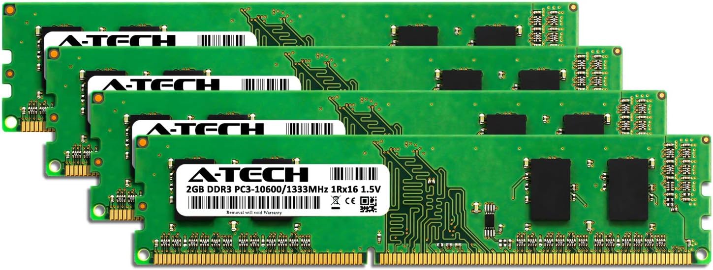 A-Tech 8GB DDR3 1333MHz Desktop Memory Kit (4 x 2GB) PC3-10600 Non-ECC Unbuffered DIMM 240-Pin 1Rx16 1.5V Single Rank Computer RAM Upgrade Sticks