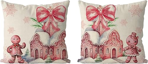 GAGEC Juego de 2 fundas de almohada de Navidad de 18 x 18 pulgadas, color rosa de jengibre, fundas de almohada de invierno para decoración del