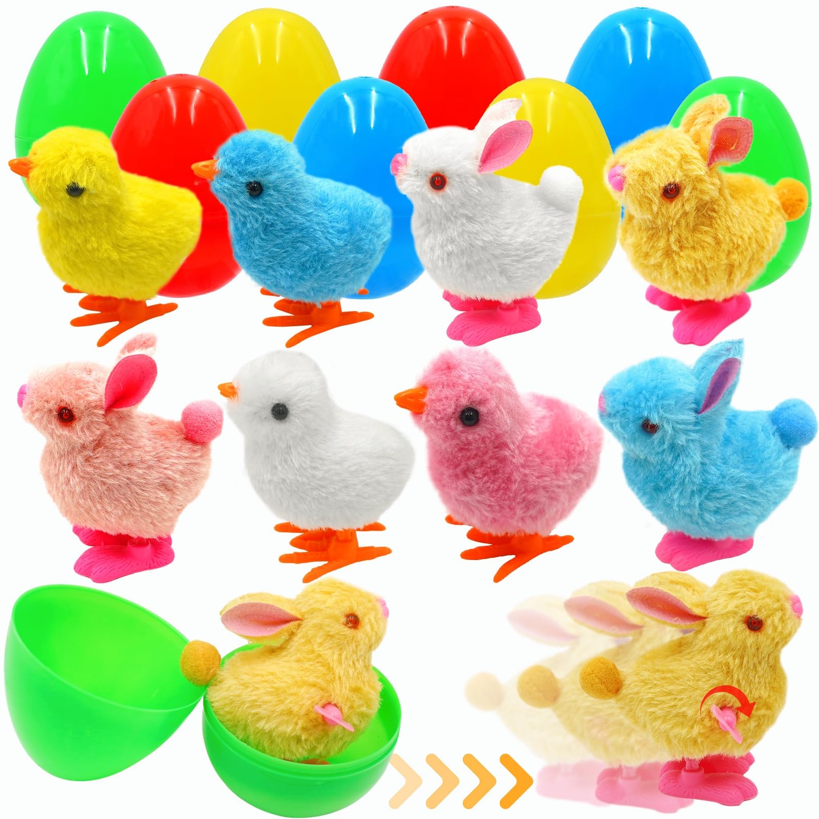 Jumbo Easter Eggs Filled Wind Up Toys 8 Pack Wind Up Plush Bunny and Chicks for Toddler Boys Girls Hunt Filling Treats Stuffers Easter Basket Stuffer Party Favor