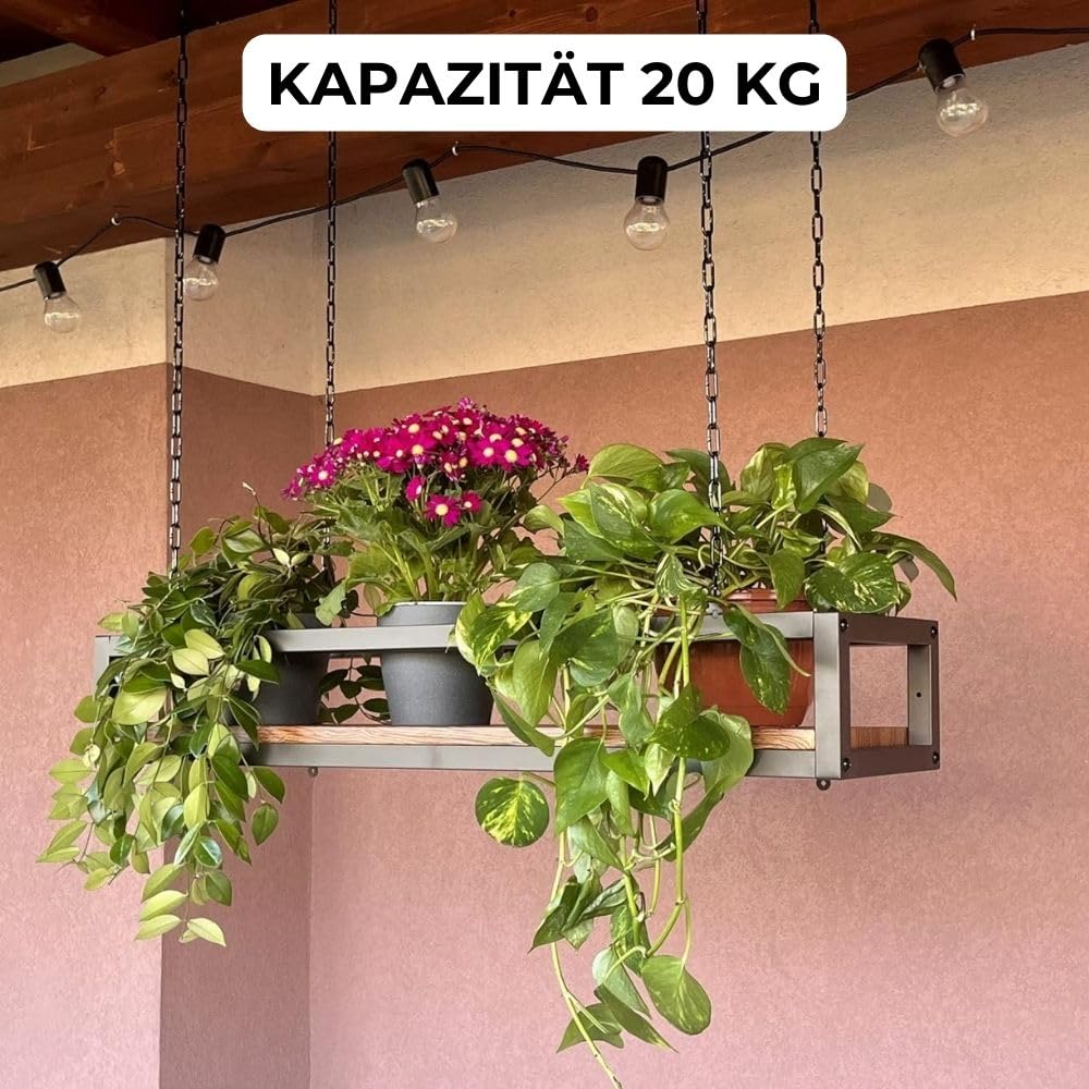 yelloo - Pflanzenregal Indoor Outdoor, Balkon Deko, Blumenständer Metall Hängendes Regal mit Ketten für Garten, Ideal zum Pflanzgefäßes im Freien (FLOWERS 55 cm, Braune/Walnüsse)