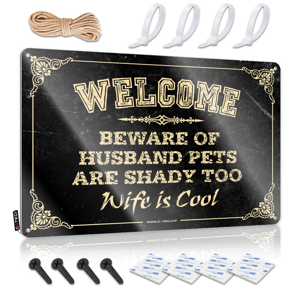 IBWNBBUSN Funny Bar Signs For Home Bar Welcome Beware Of Husband Pets Are Shady Too Wife Is Cool Sign Metal Signs Decor Cheers Tin Sign(30X40CM)