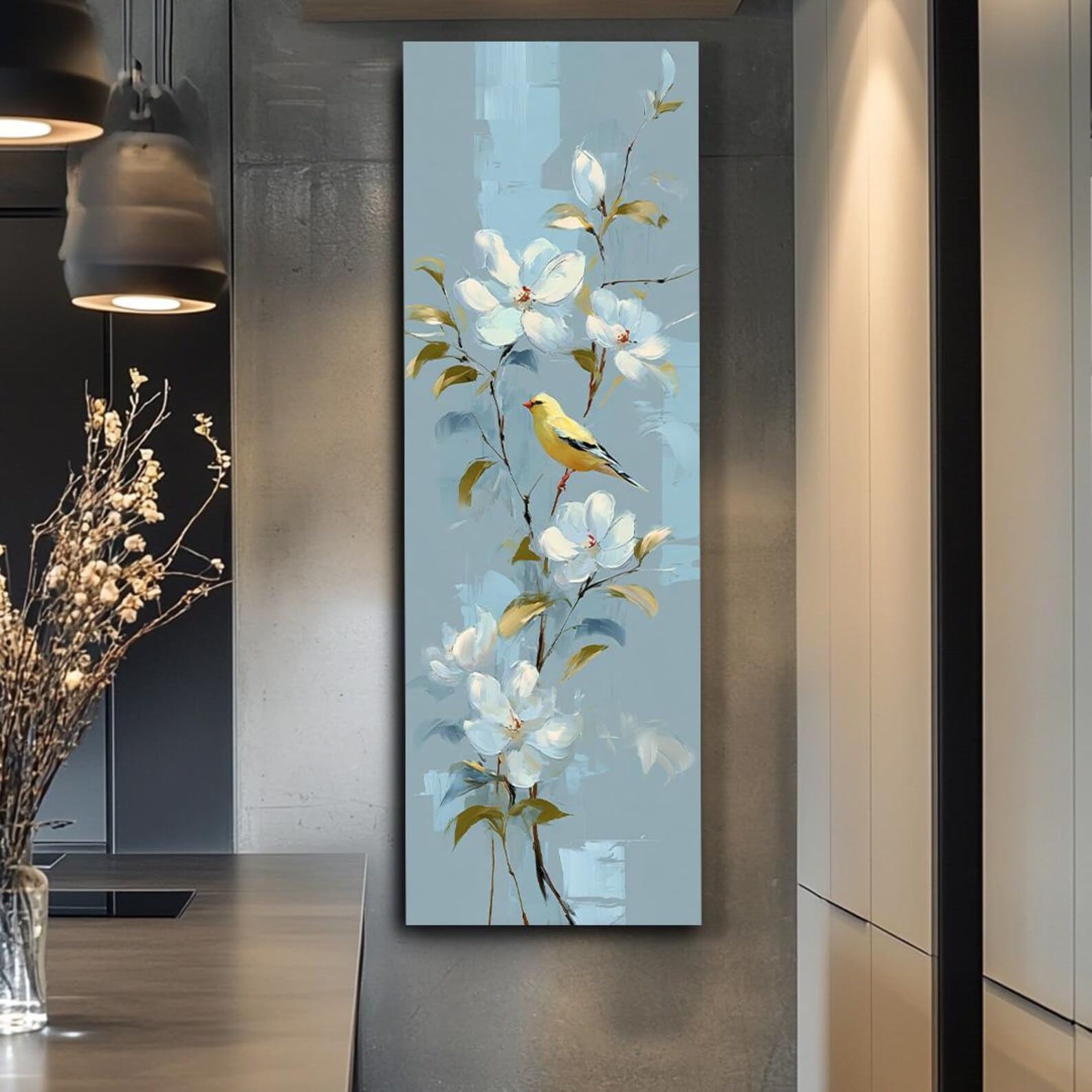 Cuadro vertical alargado con diseño de árbol para oficina, lienzo con diseño de pájaro alto y estrecho para pared, comedor, sala de estar, dormitorio, decoración con animales (50x150cm/sin marco)