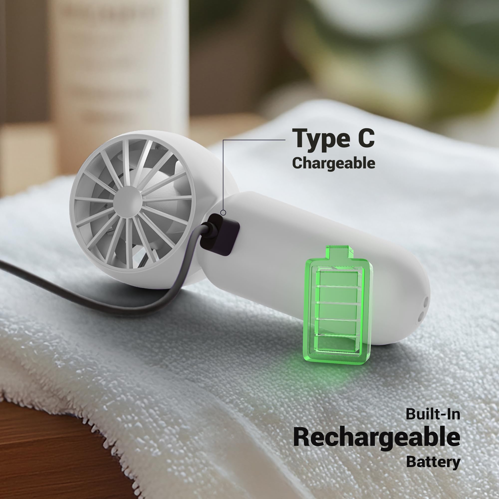 ZEBRONICS Heat Buster 100, Mini Portable Hand Fan, 10500 RPM, 3 Speed Modes with Brushless Motor, Upto 5.4m/s Airflow, Type C Charging, for Travel, Makeup, Office, Home (White) — Amazon image 7