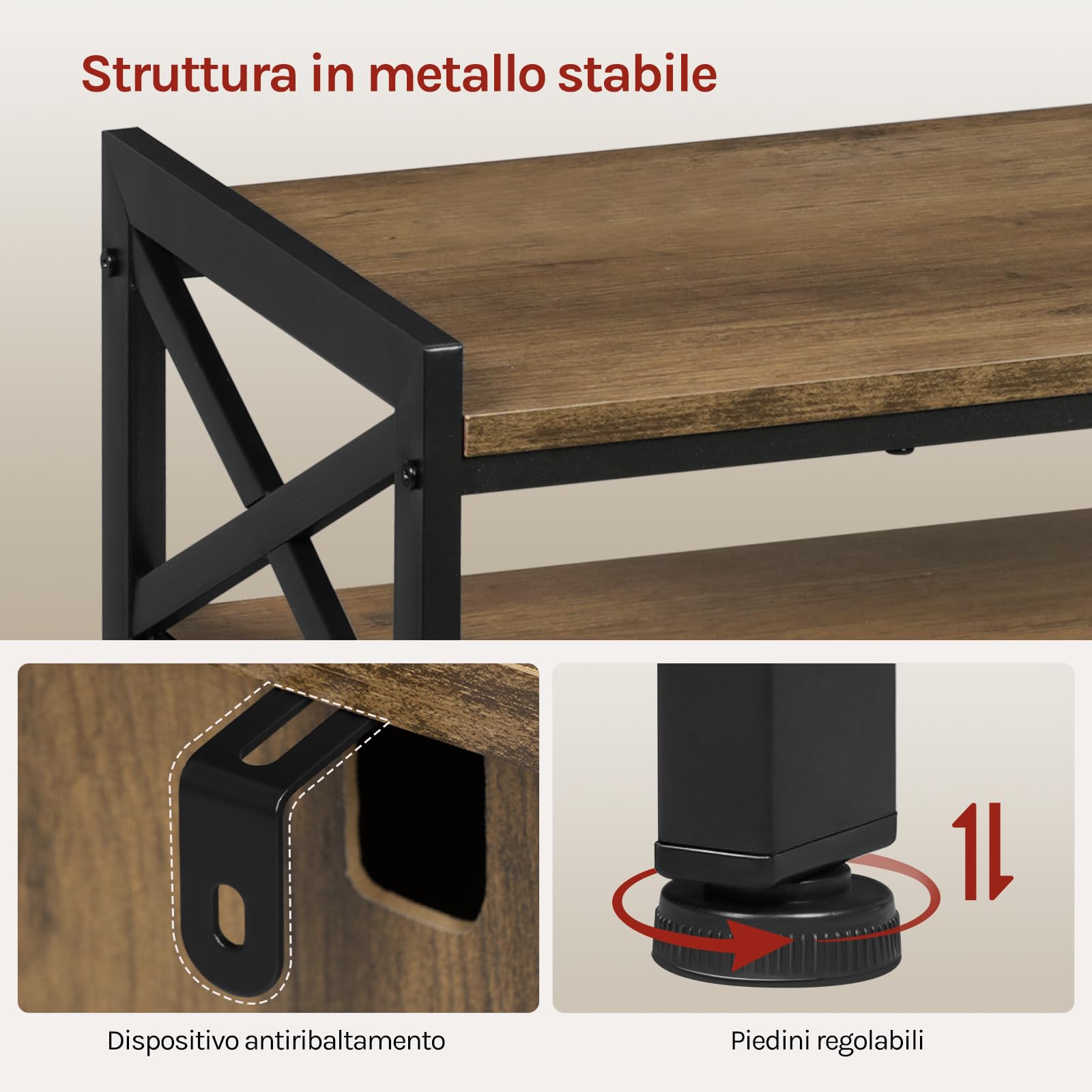 WOLTU Credenza Cucina con 3 Ante, Mobile Buffet Salvaspazio con 2 Ripiani Regolabile, in Legno e Metallo, per Cucina, Soggiorno, Ingresso, 110x33x75 cm, Effetto Legno Marrone