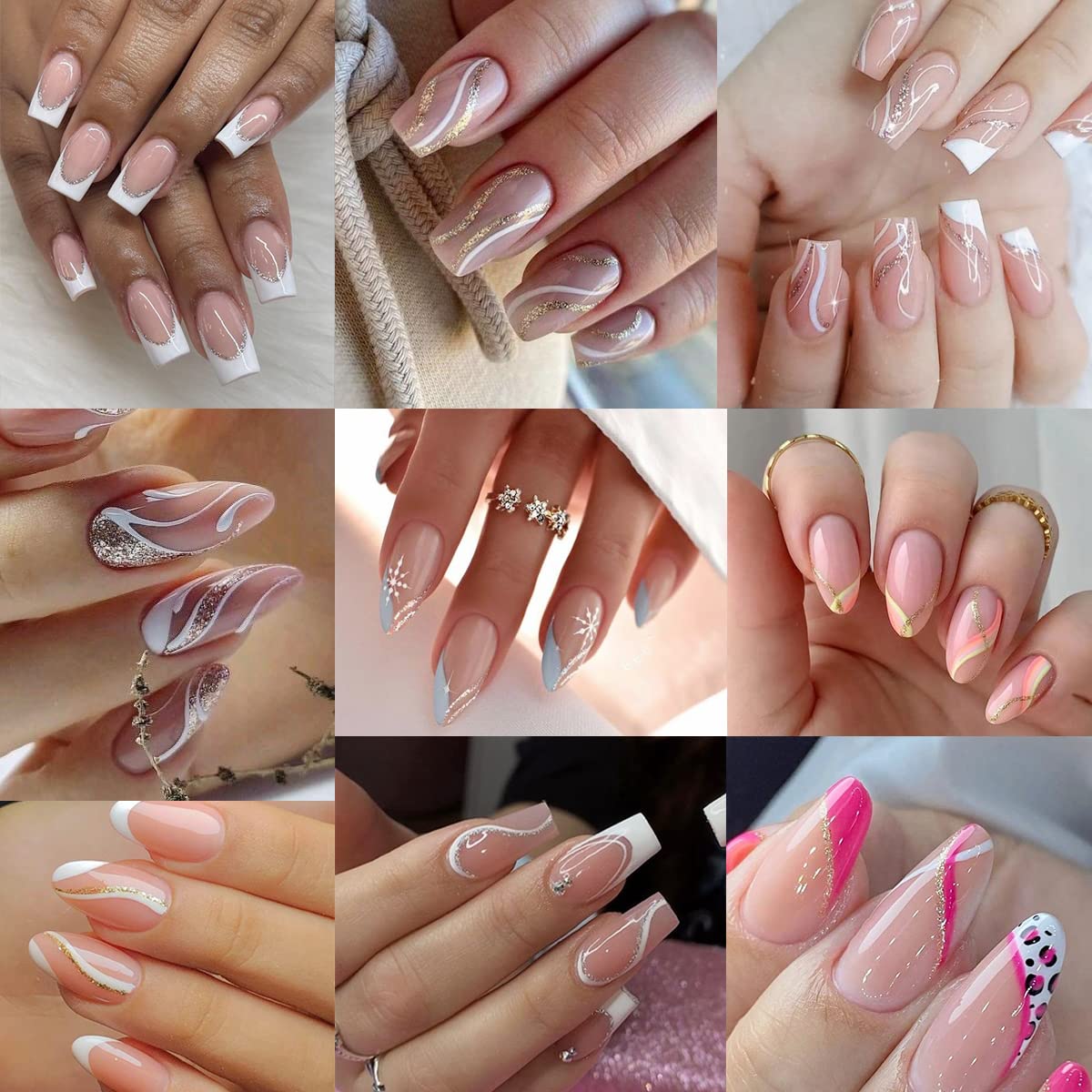 10 Sheets French Tip Nail Art Stickers 3D Self-Adhesive Gold Glitter V Shape Nail Tip French Design Waves Lines Nail Decals Acrylic Nail Art Supplies DIY Manicure Tips Nail Stickers for Women Girls