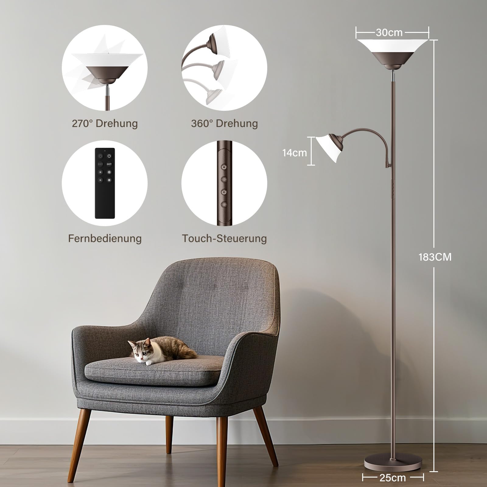 SIBRILLE Stehlampe Wohnzimmer 34W 2100LM Stehlampe LED Dimmbar, Fernbedienung&Touch-Steuerung, 3000K-6500K Stehleuchte Moderne Deckenfluter LED Dimmbar mit Leselampe für Wohnzimmer Büro, Braun