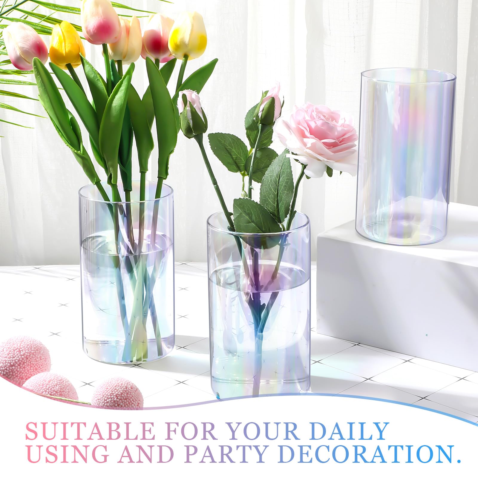 Tanlade 12 Pcs Iridescent Glass Cylinder Vase 6 Inch Tall Clear Vases Hurricane Candle Holders Flower Glass Vases for Wedding Centerpieces Home Office Decor Birthday Gift