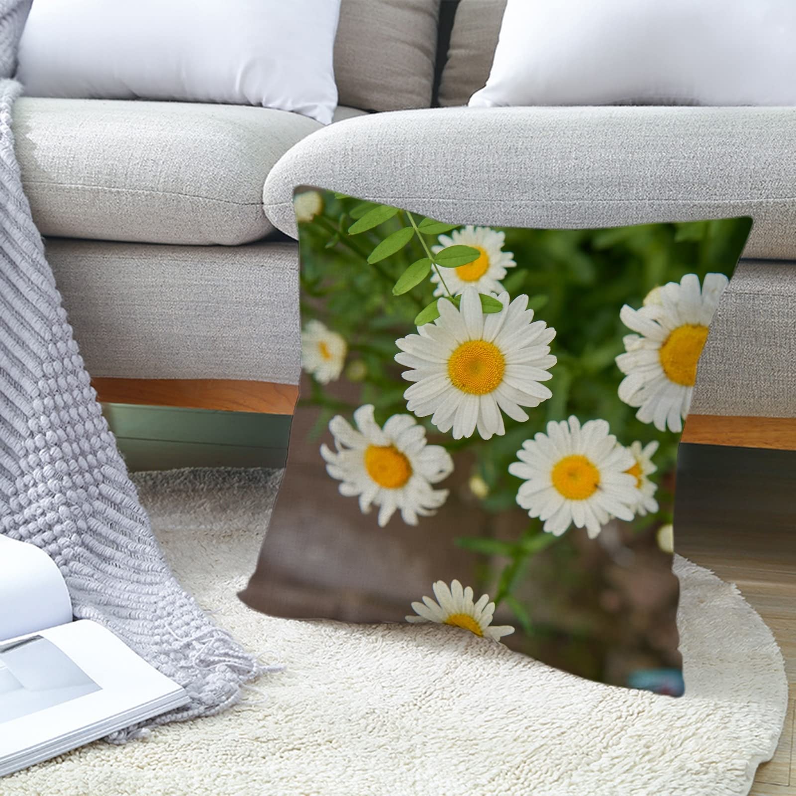 4 federe per cuscino da giardino, 50 x 50 cm, in lino, colore: bianco, giallo, verde, margherita, federa in lino, per soggiorno, divano, camera da letto