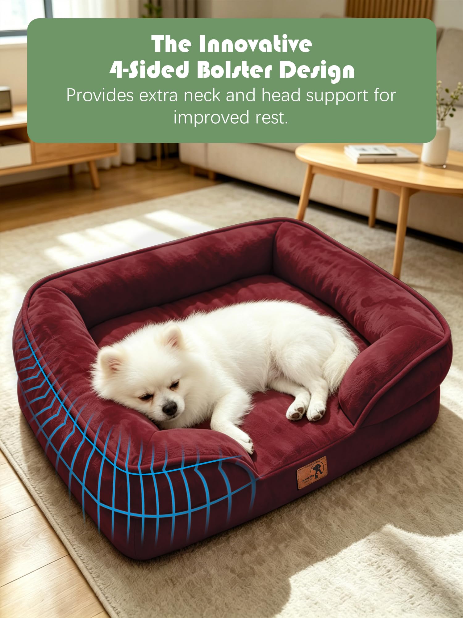 Spotted Play Orthopedic Dog Bed with Sides - Sofa Beds for Small Dogs, Supportive Foam Pet Couch Bed with Washable Removable Cover, Waterproof Lining and Non-Slip Bottom, Burgundy - S view 5