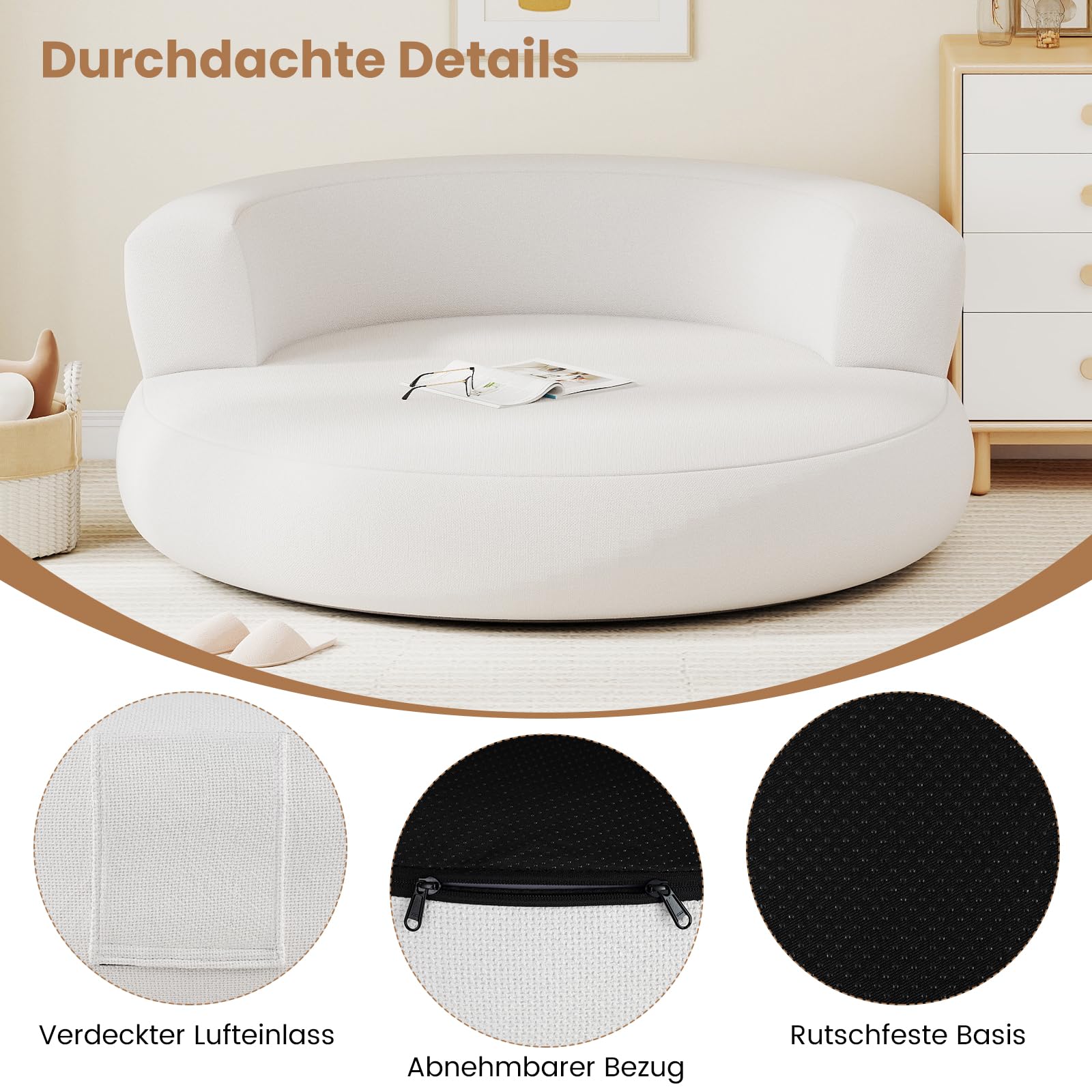 RELAX4LIFE Aufblasbares Sofa Rund, ergonomisches aufblasbarer Sessel mit abnehmbarem & waschbarem Bezug, Rutschfester Unterseite,Relaxstuhl für Wohnzimmer, Büro, Leseecke (Weiß)