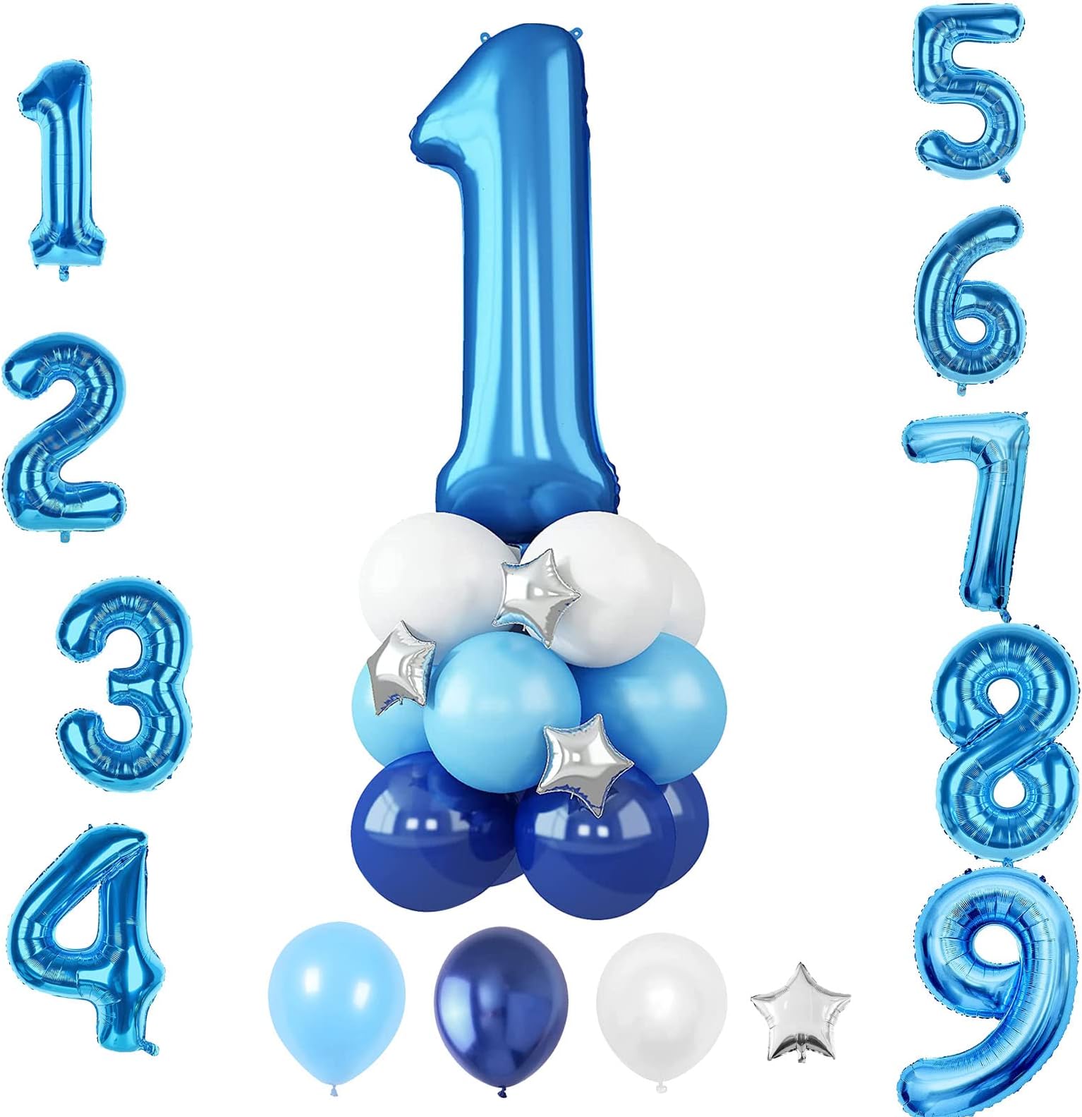Blue Number 1 Balloons, 40 Inch Number 1st Birthday Balloons Helium Foil with Star Mylar, Blue Theme Balloon for Boys Girls, Latex Balloons for 1st Birthday Party, Anniversary Decoration