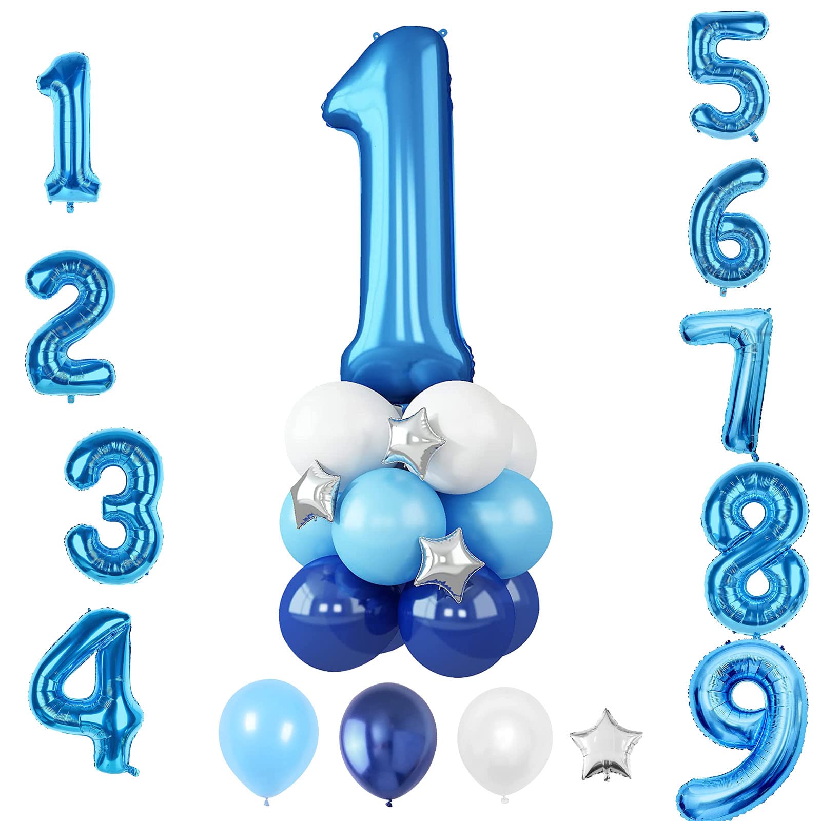 Blue Number 1 Balloons, 40 Inch Number 1st Birthday Balloons Helium Foil with Star Mylar, Blue Theme Balloon for Boys Girls, Latex Balloons for 1st Birthday Party, Anniversary Decoration