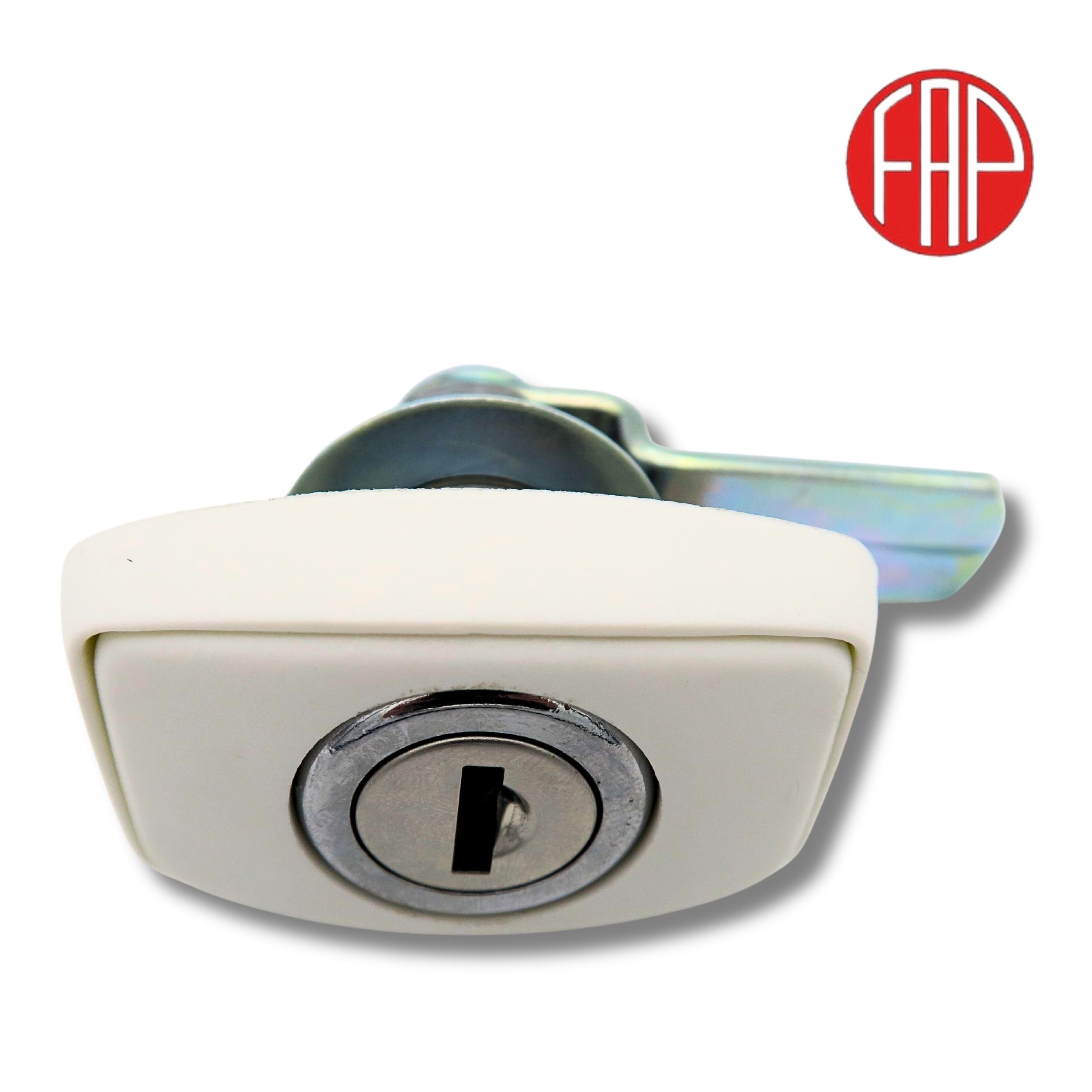 Generico Serratura per Camper e Roulotte FAP - Ideale per Gavone e Sportello Gas - 38x56 mm - Bianco con Cilindro FAP New System e 2 Chiavi Incluse - Ricambio per Caravan e Accessori Camper