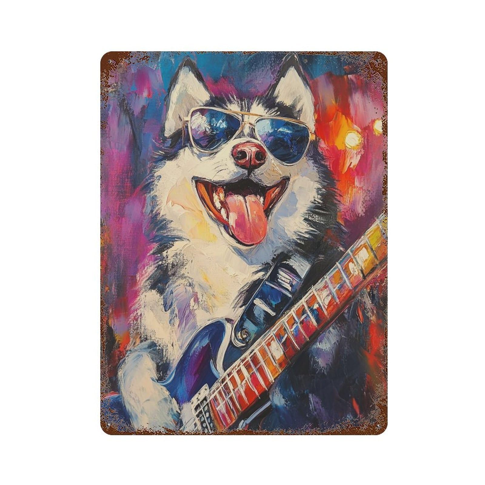 Rustic Tin Plaque with Rock Star Husky Guitar Painting -2 Design 15.7"x11.8", for Pub, Kitchen And Man Cave Decor, Old School Wall Decor