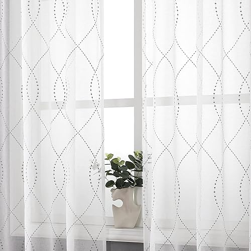 VISIONTEX Cortinas texturizadas traslúcidas juego de pares de paneles de gasa blanca bordados con puntos grises marroquíes cortinas de tratamiento
